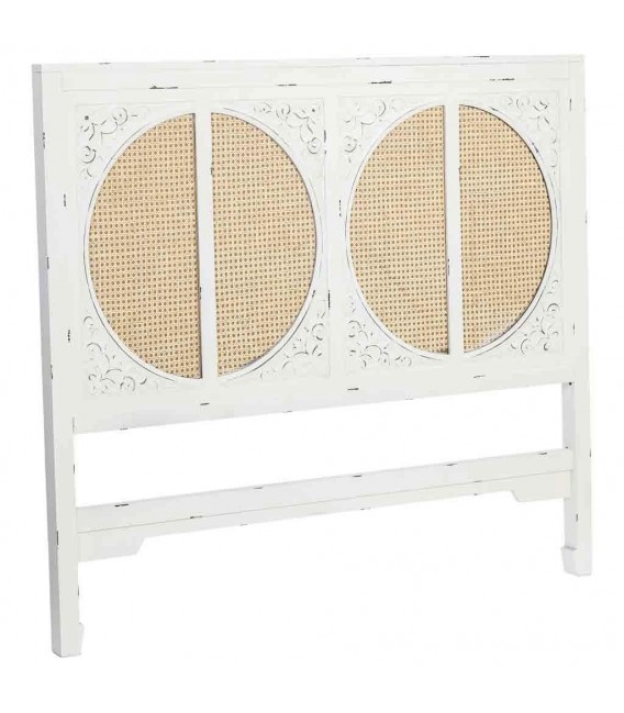 Cabecero oriental blanco tallado con panel de ratán natural. 1