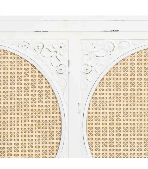 Cabecero oriental blanco tallado con panel de ratán natural. 3