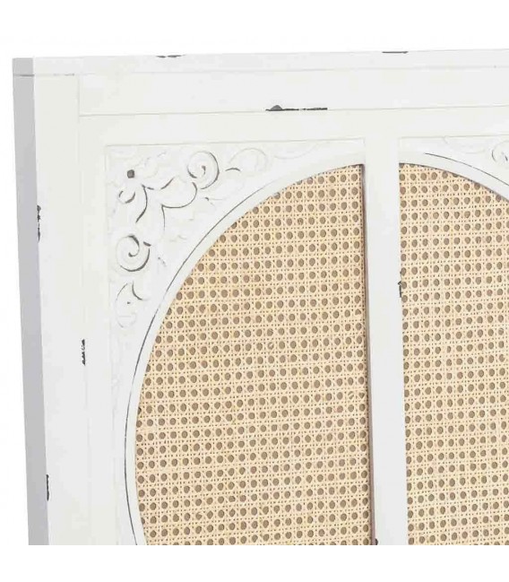 Cabecero oriental blanco tallado con panel de ratán natural. 2
