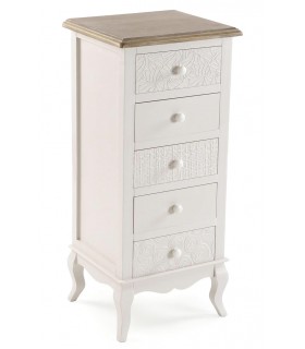 Sinfonier romántico blanco roto con cinco cajones y tapa natural.