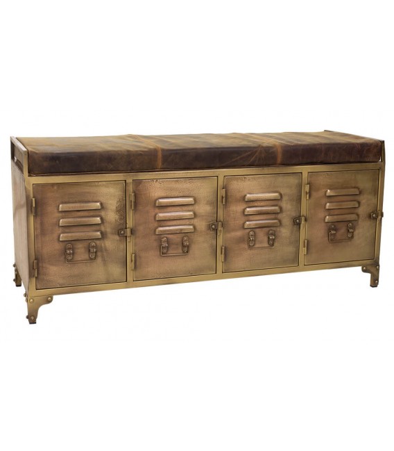 Banco pie de cama industrial en metal dorado y piel marrón envejecida.