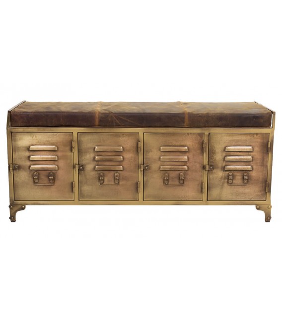 Banco pie de cama industrial en metal dorado y piel marrón envejecida. 1