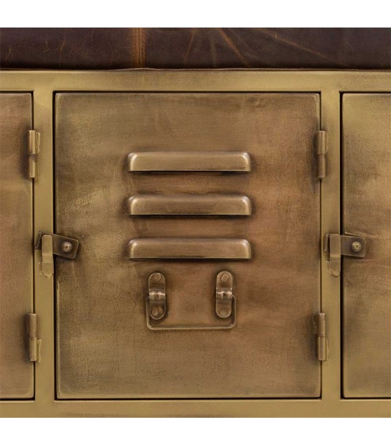 Banco pie de cama industrial en metal dorado y piel marrón envejecida. 4
