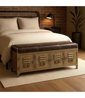 Banco pie de cama industrial en metal dorado y piel marrón envejecida. Mdmhogar