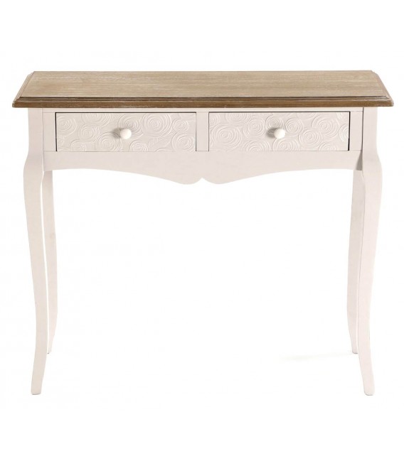 Consola romántica blanca y natural con dos cajones labrados. 1