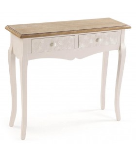 Consola romántica blanca y natural con dos cajones labrados.