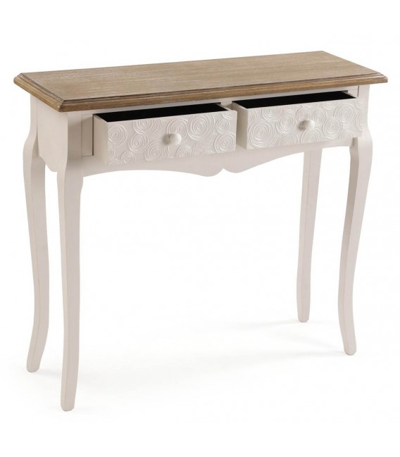 Consola romántica blanca y natural con dos cajones labrados. 2
