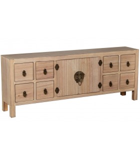 Mueble TV oriental con cajones y puertas en madera y metal bronce.