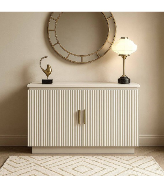 Taquillón blanco de madera con puertas y tiradores dorados. Mdmhogar