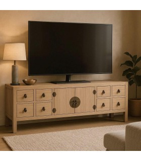 Mueble TV oriental con cajones y puertas en madera y metal bronce. Mdmhogar
