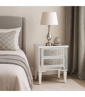 Mesita blanca con dos cajones y frentes de espejo biselado. Mdmhogar