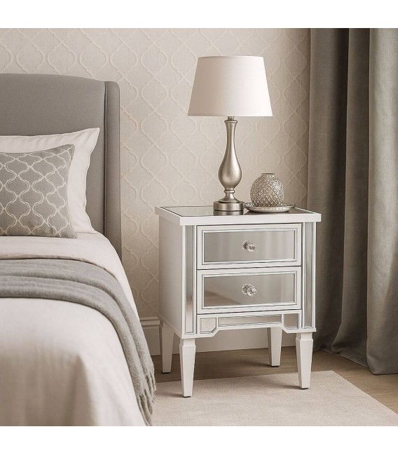 Mesita blanca con dos cajones y frentes de espejo biselado. Mdmhogar