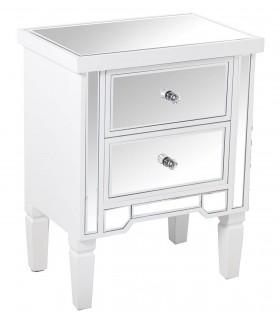 Mesita blanca con dos cajones y frentes de espejo biselado.