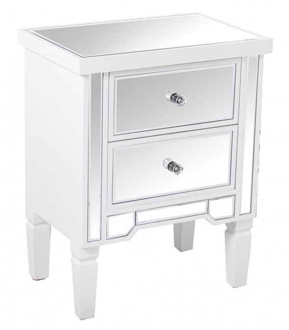 Mesita blanca con dos cajones y frentes de espejo biselado.