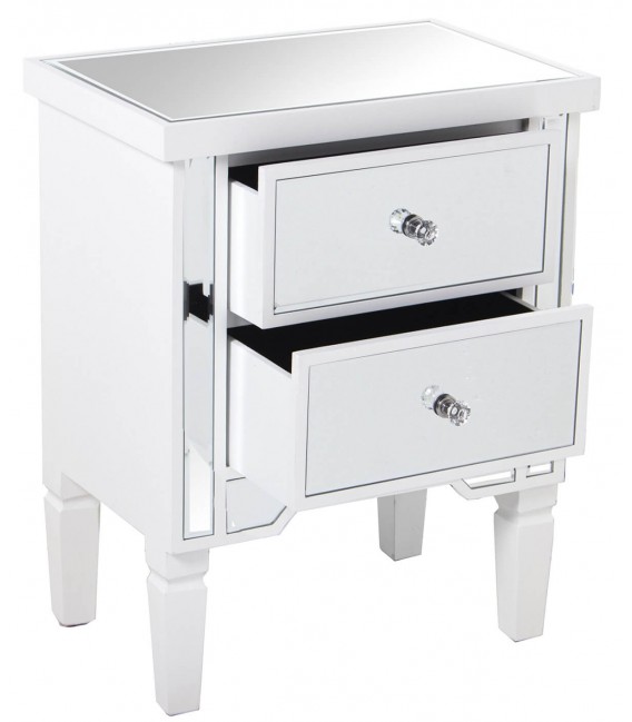 Mesita blanca con dos cajones y frentes de espejo biselado.2
