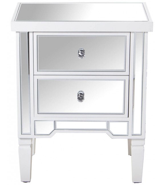 Mesita blanca con dos cajones y frentes de espejo biselado.1