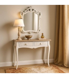 Consola romántica blanca y natural con dos cajones labrados. Mdmhogar