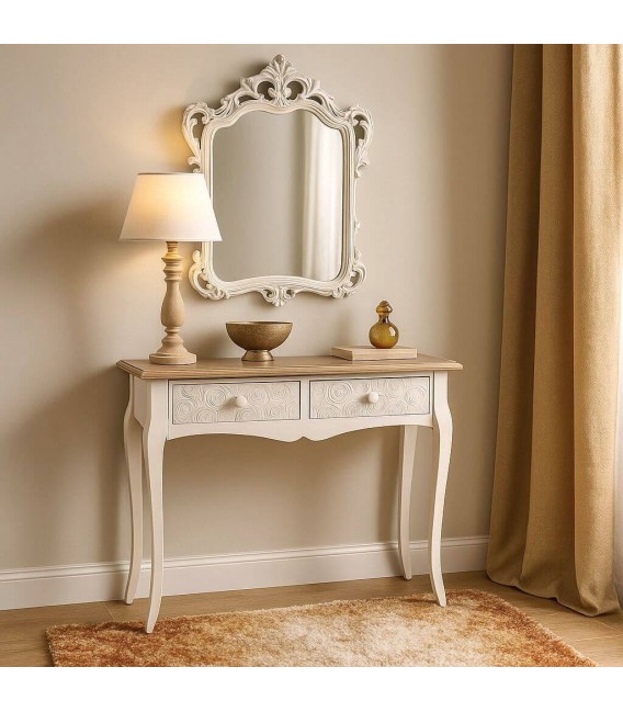 Consola romántica blanca y natural con dos cajones labrados. Mdmhogar