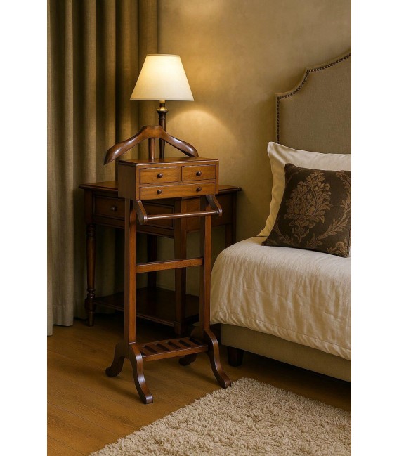 Galán de noche colonial con cajones, colgador y base estable. Mdmhogar