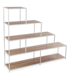 Estantería escalonada nórdica con madera roble y estructura blanca.