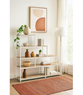 Estantería escalonada nórdica con madera roble y estructura blanca. Mdmhogar