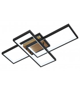 Plafón moderno negro con LED y detalle madera, luz regulable.