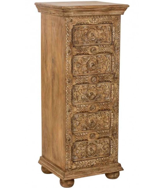 Sinfonier étnico de madera tallada acabado miel con cinco cajones.