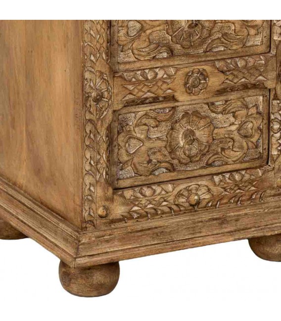 Sinfonier étnico de madera tallada acabado miel con cinco cajones. 7