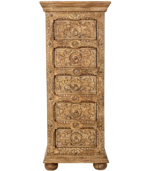 Sinfonier étnico de madera tallada acabado miel con cinco cajones. 1
