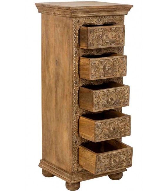 Sinfonier étnico de madera tallada acabado miel con cinco cajones. 2