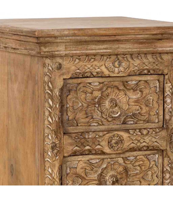 Sinfonier étnico de madera tallada acabado miel con cinco cajones. 4