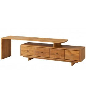 Mueble TV boho en madera natural con 4 cajones y tiradores negros.