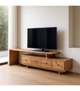 Mueble TV boho en madera natural con 4 cajones y tiradores negros.  Mdmhogar