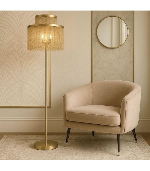 Lámpara de pie dorada estilo art decó con estructura metálica. Mdmhogar