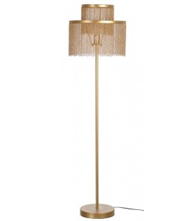 Lámpara de pie dorada estilo art decó con estructura metálica.