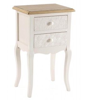 Mesita romántica blanca y natural con cajones labrados florales.