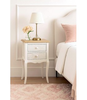 Mesita romántica blanca y natural con cajones labrados florales. Mdmhogar