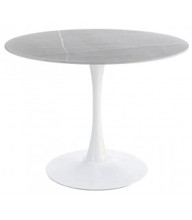 Mesa redonda contemporánea gris y blanca, ideal para comedor moderno.