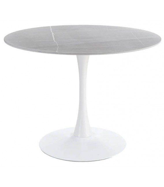 Mesa redonda contemporánea gris y blanca, ideal para comedor moderno.