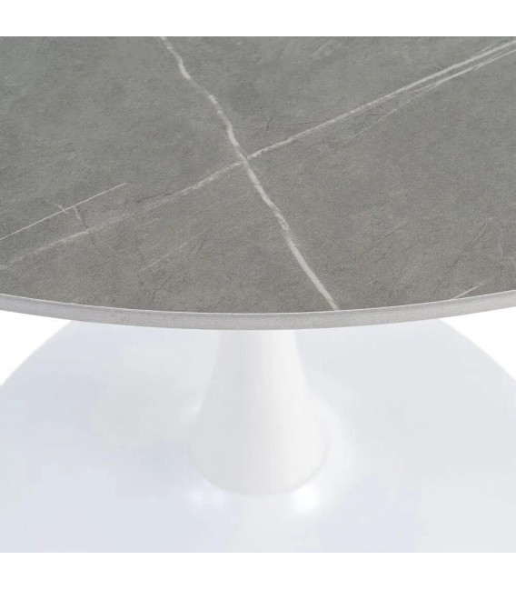 Mesa redonda contemporánea gris y blanca, ideal para comedor moderno.2