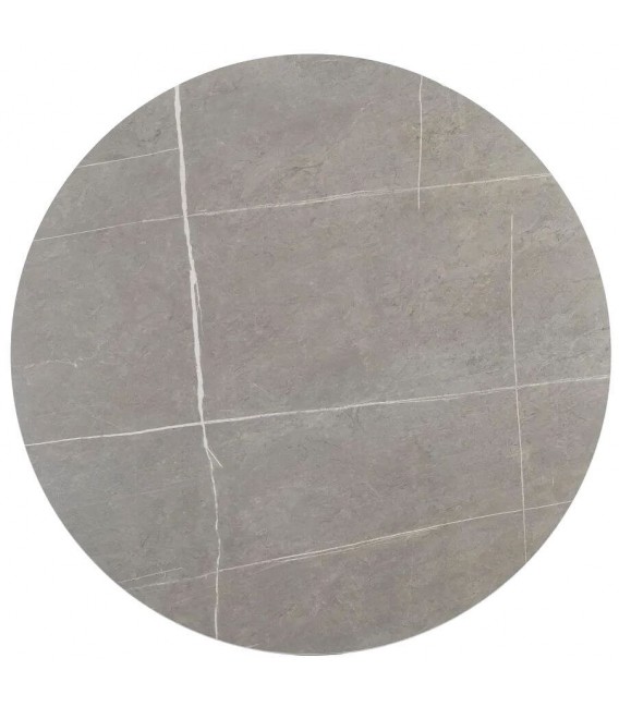 Mesa redonda contemporánea gris y blanca, ideal para comedor moderno.1