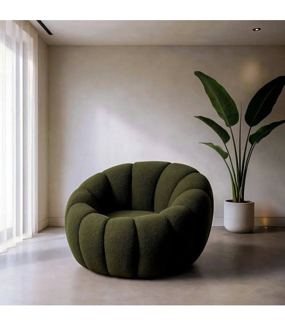 Sillón redondo estilo art decó en tela bouclé verde. Mdmhogar