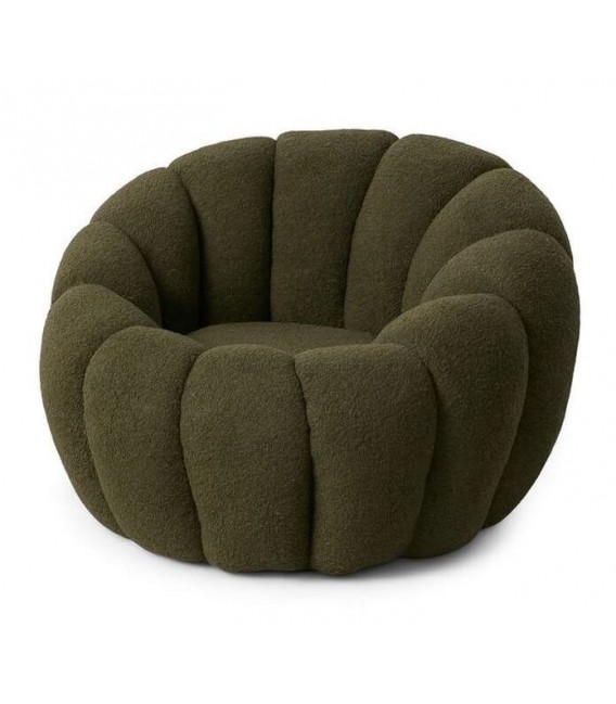 Sillón redondo estilo art decó en tela bouclé verde. 1